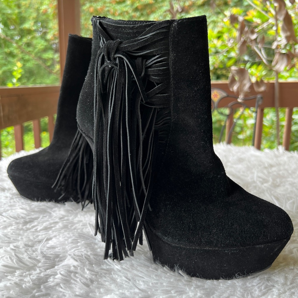 Steve Madden Araura Fringe Ankle Boots Black Suede Size 8.5 Boho Western Hippie
